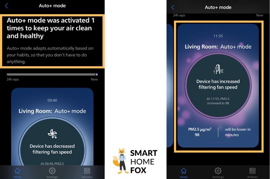 Die KI-Funktion des Philips Air Performer Series 8000 (AMF870/15) werden in der App gezeigt, wie er selbstständig reagiert hat und was seine Ziele und Hilfsmethoden sind.